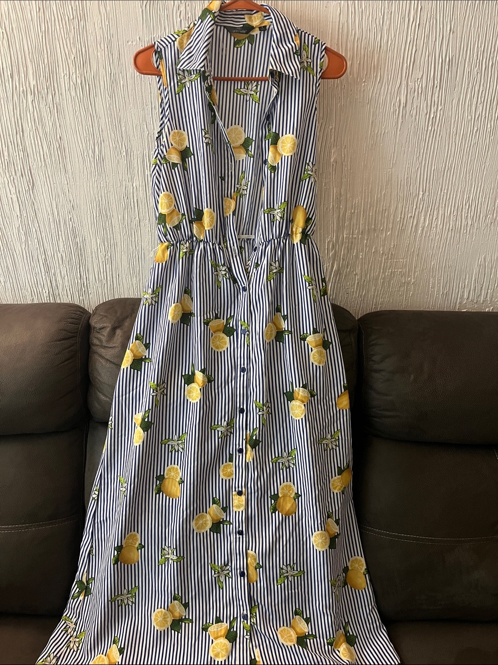 Striped Lemon Print Sleeveless Maxi Dress - Navy & Yellow